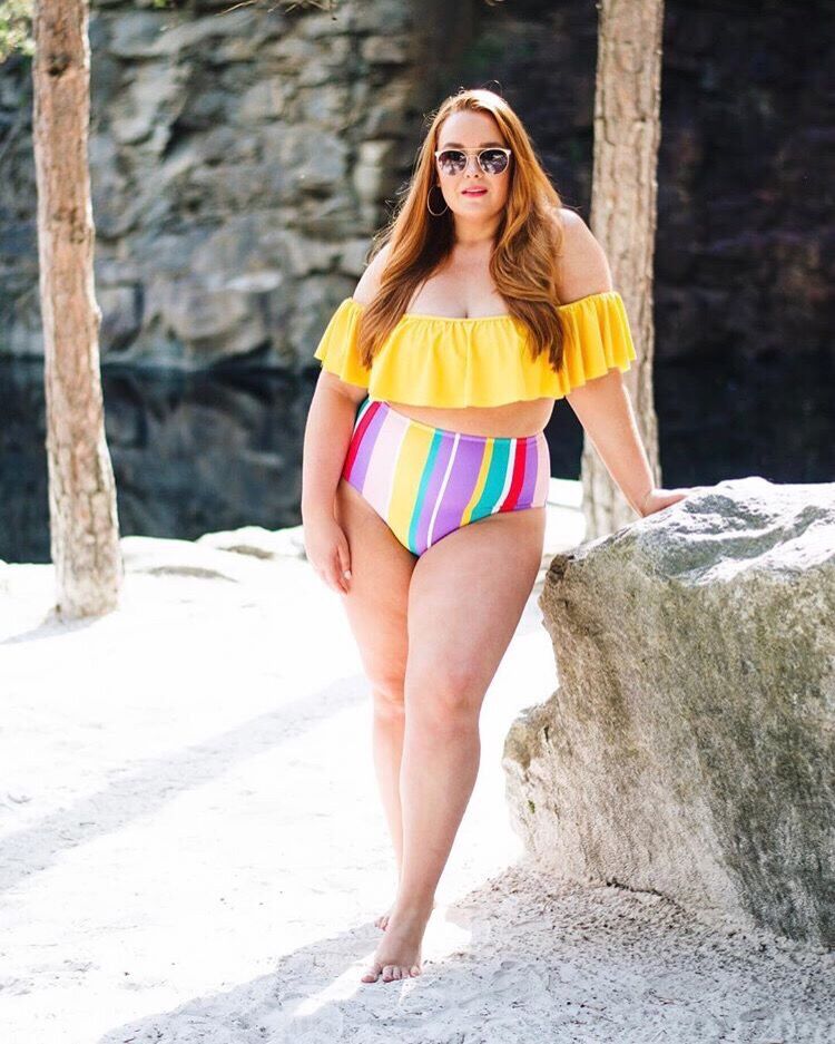 Plus Size Swimwear Women Rainbow Stripes Ruffles Bikini Set Oversize Push Up Padded Swimsuit