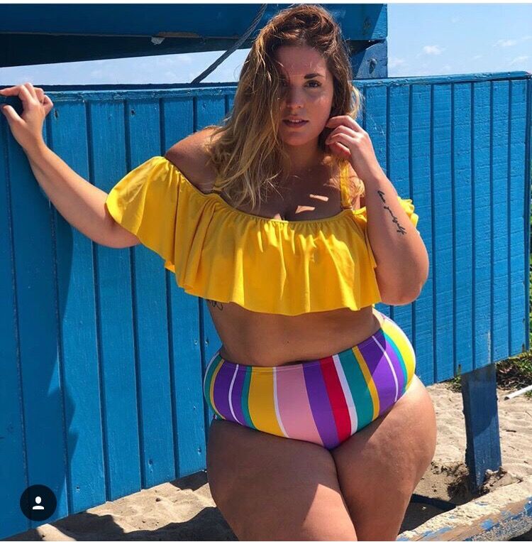 Plus Size Swimwear Women Rainbow Stripes Ruffles Bikini Set Oversize Push Up Padded Swimsuit